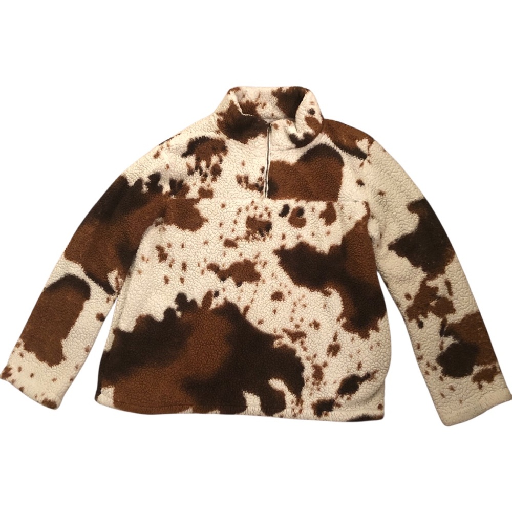 Cow Print Teddy Plush Faux Sherpa 1/2 Zip Jacket Size M